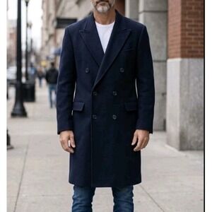 Vintage Men's Double Breasted Black Wool Long Overcoat 40R Classic Top Coat